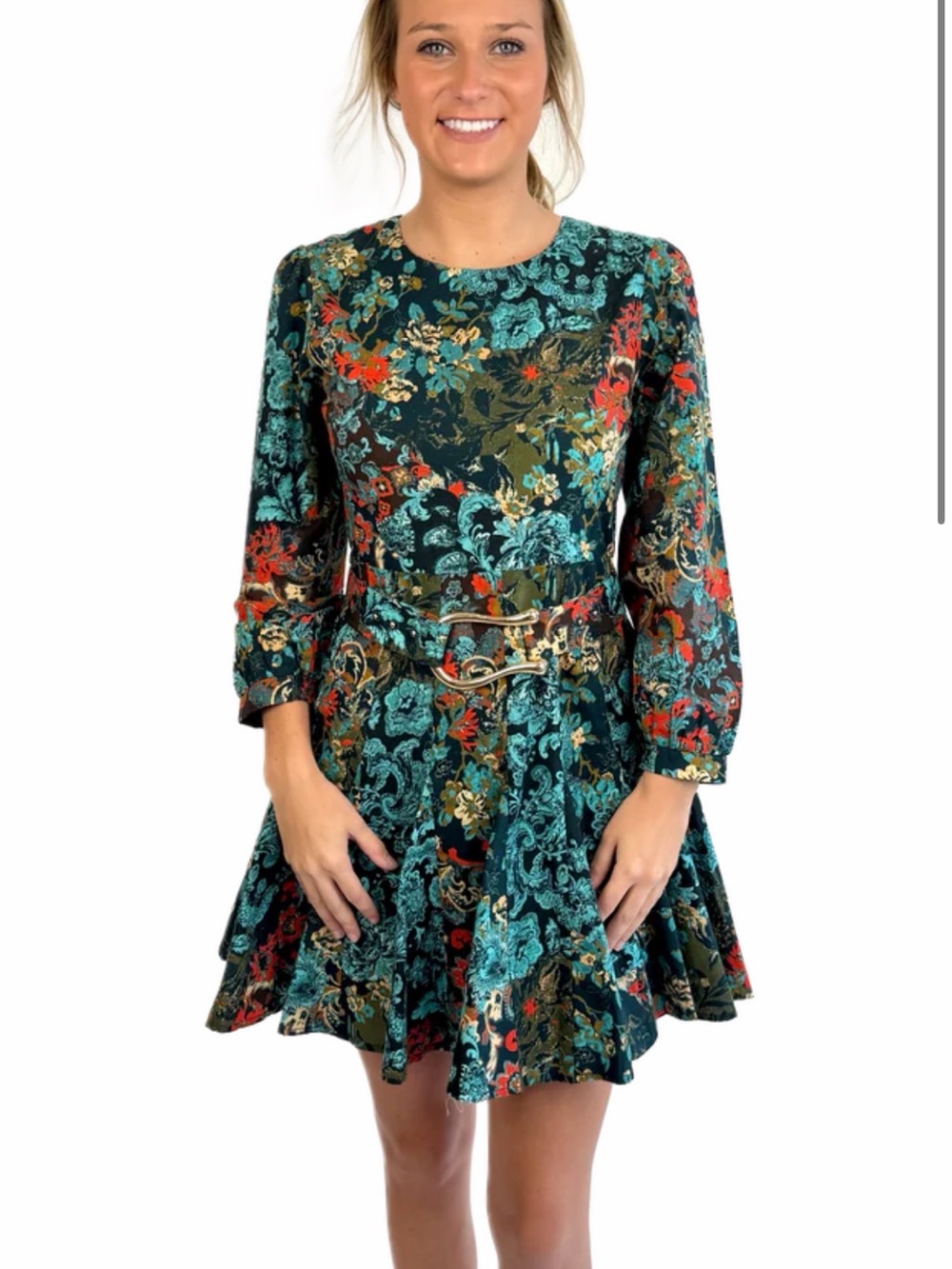 Women’s Teal and Red Floral Long-Sleeve A-Line Dress